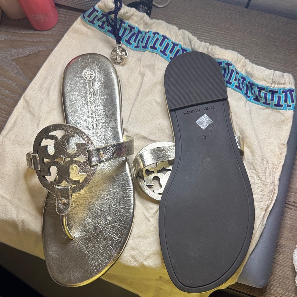 Tory Burch Metallic Gold Logo Sandals NWOT